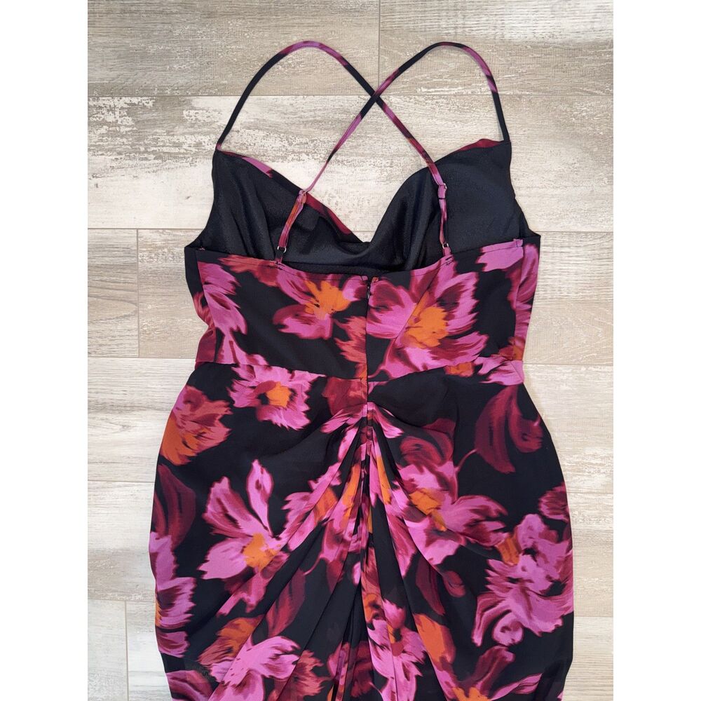 SHEIN BAE Curve NWT Black Pink Floral Ruched Midi Dress Cowl Neck Bodycon Party - Picture 6 of 11